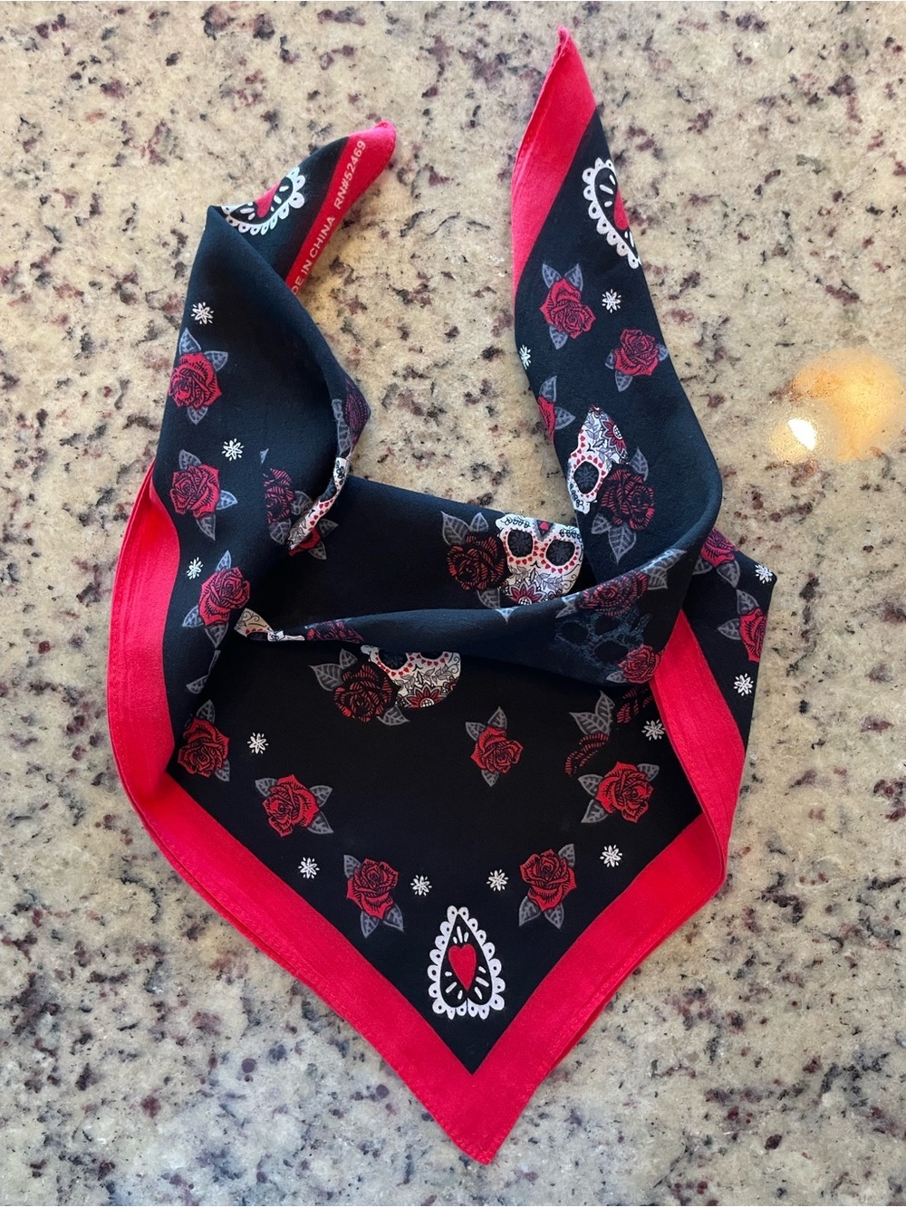 100% cotton Black & Red Rose Print sugar skull Bandana Scarf